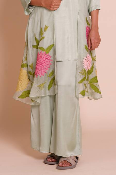 Shop_Brij_Green Modal, Satin Applique, Embroidery Open Neck, Aria Pastel Jacket Set 