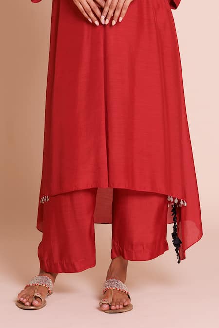 Brij_Red Muslin, Silk Embroidery Round Neck Zeba Kurta Set _at_Aza_Fashions