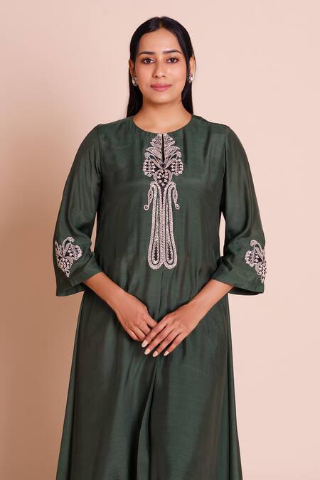 Brij_Green Muslin, Silk Embroidery, Tassels Round Neck Firan Bottle Kurta Set _Online_at_Aza_Fashions