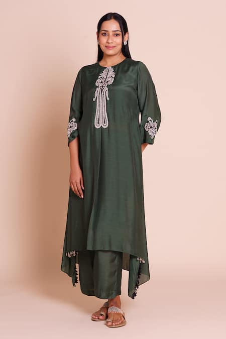 Shop_Brij_Green Muslin, Silk Embroidery, Tassels Round Neck Firan Bottle Kurta Set _Online_at_Aza_Fashions