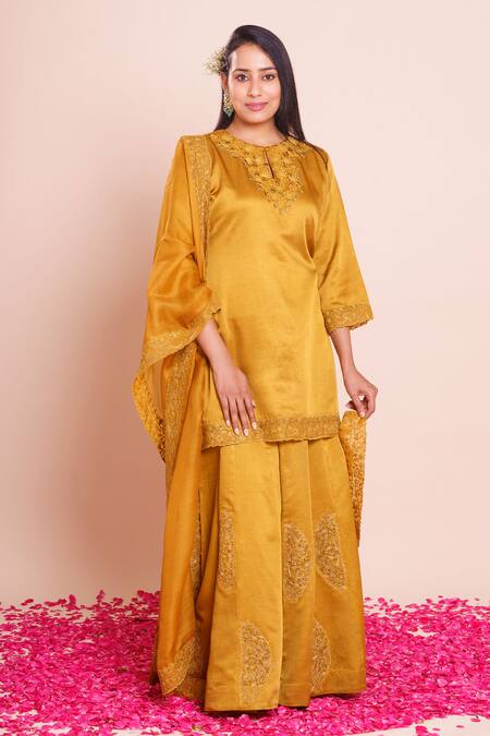 Brij_Mustard Linen, Satin, Silk Embroidery, Sequins Round Ishika Kurta Sharara Set _Online_at_Aza_Fashions