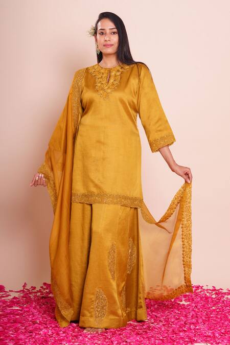 Buy_Brij_Mustard Linen, Satin, Silk Embroidery, Sequins Round Ishika Kurta Sharara Set _Online_at_Aza_Fashions