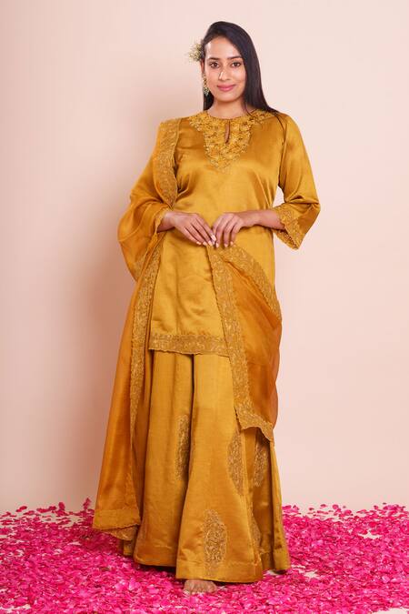 Shop_Brij_Mustard Linen, Satin, Silk Embroidery, Sequins Round Ishika Kurta Sharara Set _Online_at_Aza_Fashions