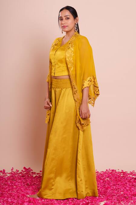 Brij_Mustard Linen, Satin Open Neck, Avisha Yellow Embroidered Cape Set _Online_at_Aza_Fashions