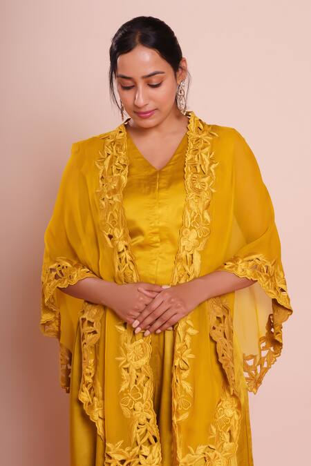 Buy_Brij_Mustard Linen, Satin Open Neck, Avisha Yellow Embroidered Cape Set _Online_at_Aza_Fashions
