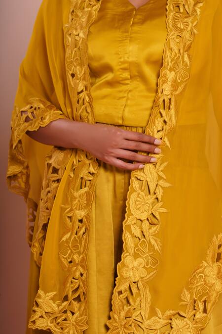 Shop_Brij_Mustard Linen, Satin Open Neck, Avisha Yellow Embroidered Cape Set _Online_at_Aza_Fashions