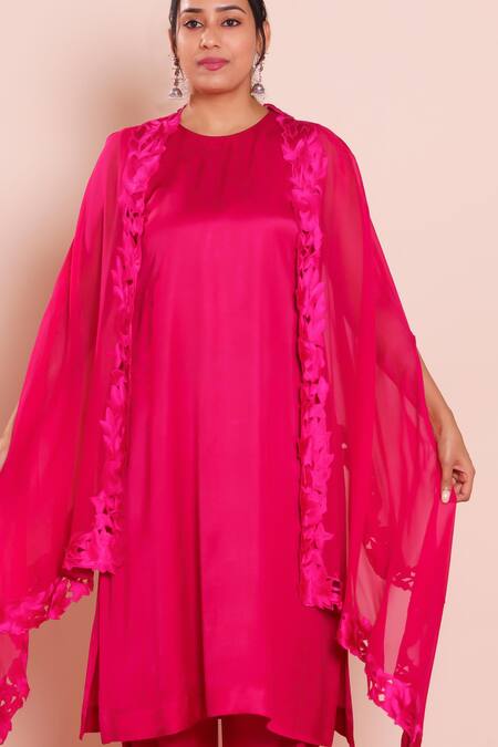 Brij_Pink Modal, Satin Open , Round Reha Embroidered Cape Set _Online_at_Aza_Fashions