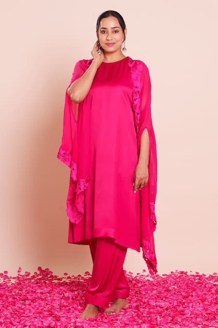 Buy_Brij_Pink Modal, Satin Open , Round Reha Embroidered Cape Set 