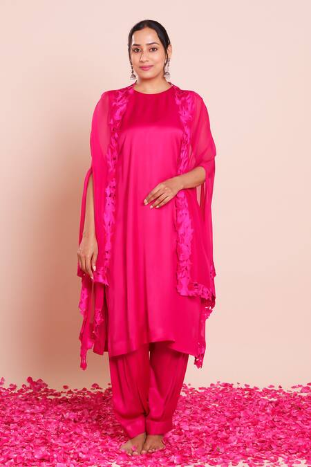 Shop_Brij_Pink Modal, Satin Open , Round Reha Embroidered Cape Set 