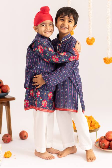 Shop_MR Brat_Blue Muslin, Cotton Anar Jaal Printed Kurta Set _Online_at_Aza_Fashions