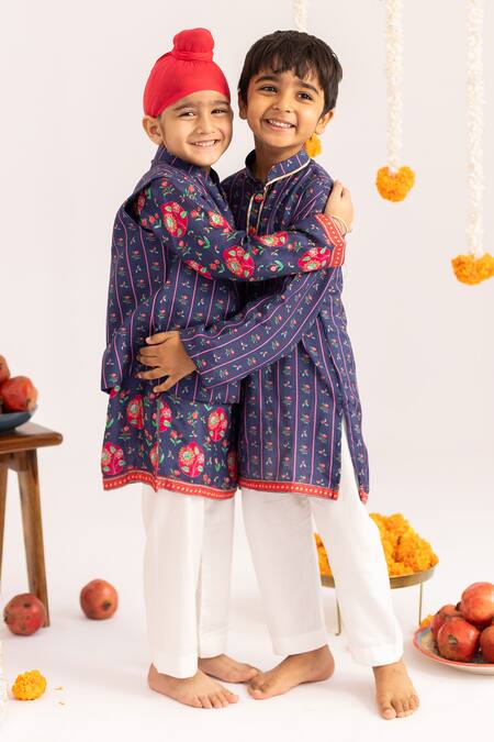 MR Brat_Blue Muslin, Cotton Piping Stripes Printed Kurta Set _Online_at_Aza_Fashions