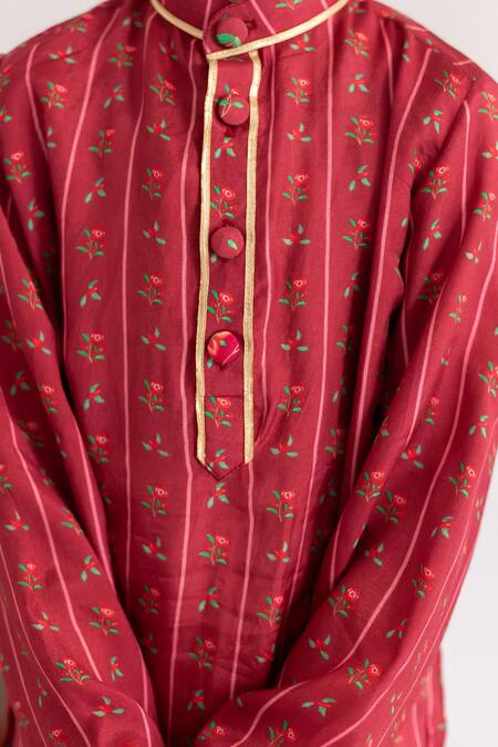 Shop_MR Brat_Maroon Muslin, Cotton Stripes Printed Kurta Set _Online_at_Aza_Fashions