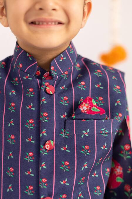 Shop_MR Brat_Navy Muslin, Cotton Blue Anar Jaal Printed Bundi Set _Online_at_Aza_Fashions