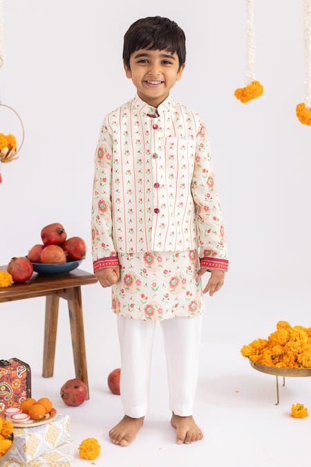 MR Brat Off White Anar Jaal Printed Muslin Bundi Set 