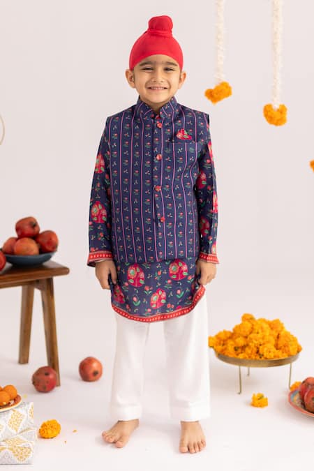 MR Brat Blue Stripes Printed Muslin Bundi Set 