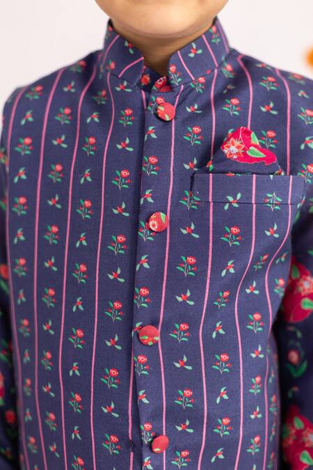 MR Brat_Navy Muslin, Cotton Blue Stripes Printed Bundi Set _Online_at_Aza_Fashions