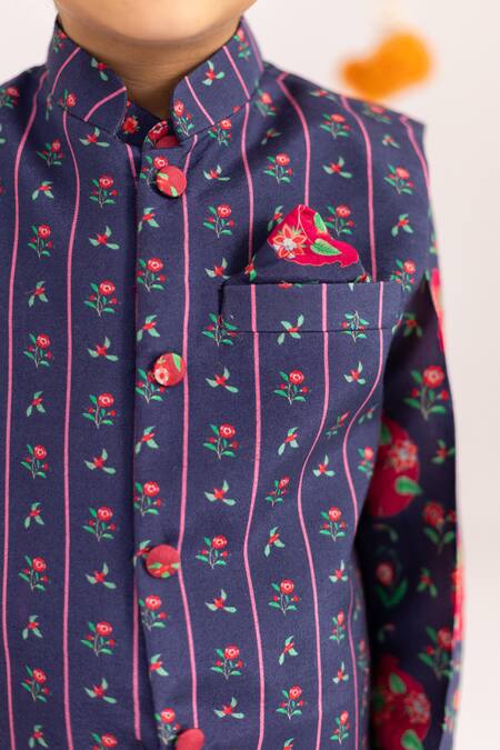 Buy_MR Brat_Navy Muslin, Cotton Blue Stripes Printed Bundi Set _Online_at_Aza_Fashions