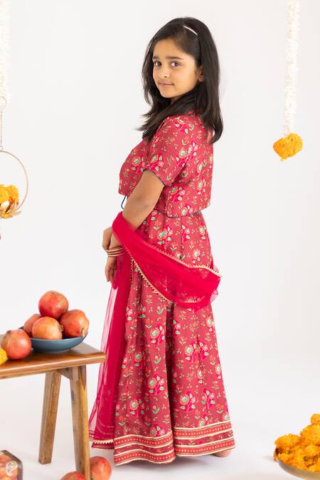 MR Brat_Maroon Muslin, Net Gota Patti, Piping, Lace Red Anar Jaal Printed Lehenga Set _Online_at_Aza_Fashions