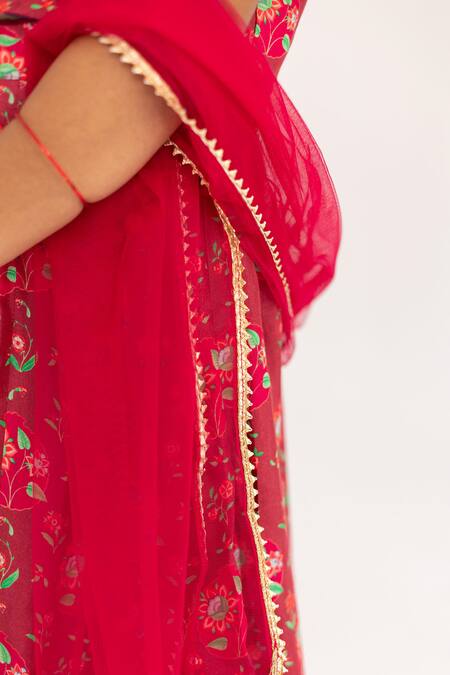 Buy_MR Brat_Maroon Muslin, Net Gota Patti, Piping, Lace Red Anar Jaal Printed Lehenga Set _Online_at_Aza_Fashions