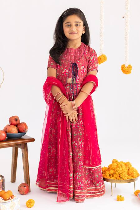 Shop_MR Brat_Maroon Muslin, Net Gota Patti, Piping, Lace Red Anar Jaal Printed Lehenga Set _Online_at_Aza_Fashions