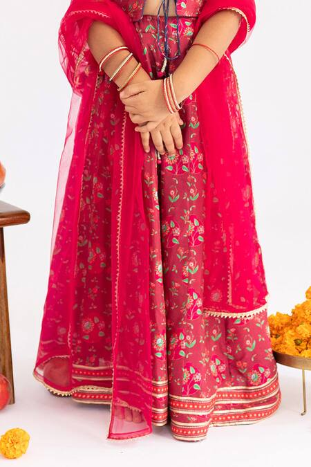 Buy_MR Brat_Maroon Muslin, Net Gota Patti, Piping, Lace Red Anar Jaal Printed Lehenga Set 