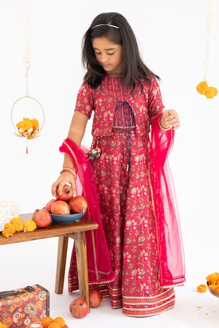 MR Brat Red Anar Jaal Printed Muslin Lehenga Set 