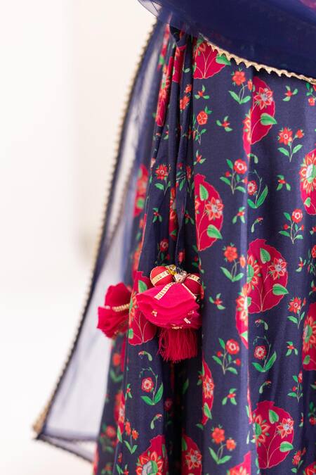 MR Brat_Maroon Muslin, Net Tassels Multicolor Anar Jaal Printed Lehenga Set _Online_at_Aza_Fashions