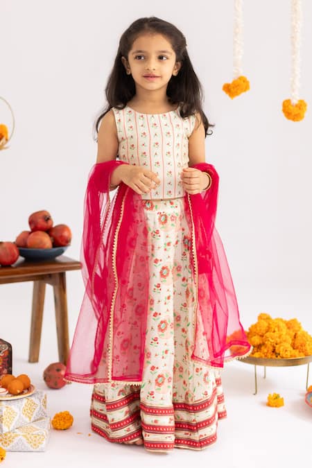 MR Brat Off White Anar Jaal Printed Muslin Lehenga Set 