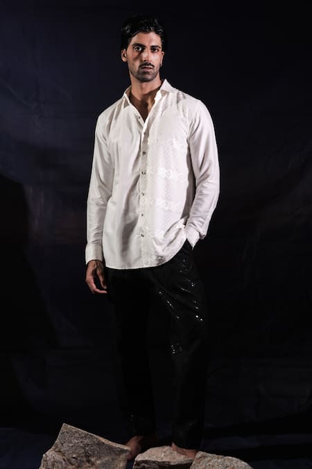 Jubinav Chadha_White Silk Embroidery Chikankari Georgette Panel Shirt _Online_at_Aza_Fashions