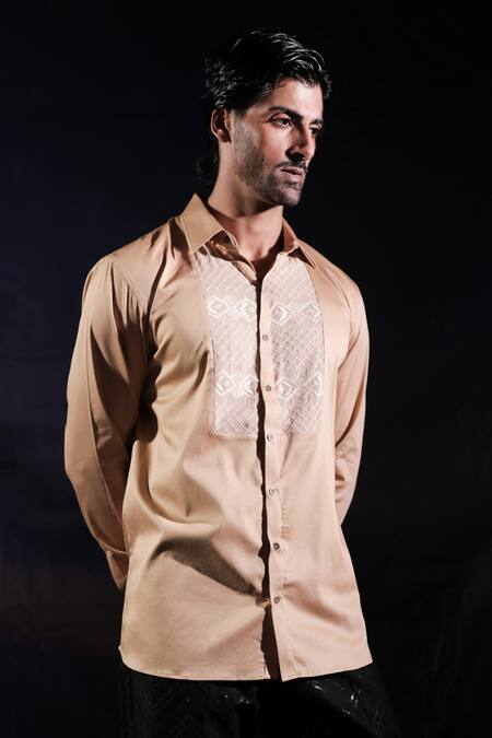 Jubinav Chadha_Beige Cotton, Lycra Embroidery Chikankari Georgette Shirt _Online_at_Aza_Fashions