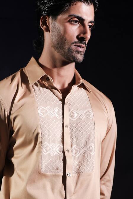 Buy_Jubinav Chadha_Beige Cotton, Lycra Embroidery Chikankari Georgette Shirt _Online_at_Aza_Fashions