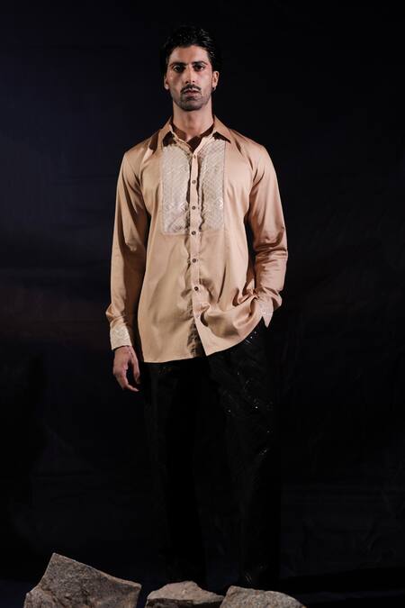 Shop_Jubinav Chadha_Beige Cotton, Lycra Embroidery Chikankari Georgette Shirt _Online_at_Aza_Fashions