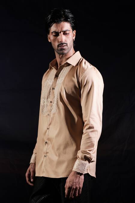 Jubinav Chadha_Beige Cotton, Lycra Embroidery Chikankari Georgette Shirt _at_Aza_Fashions