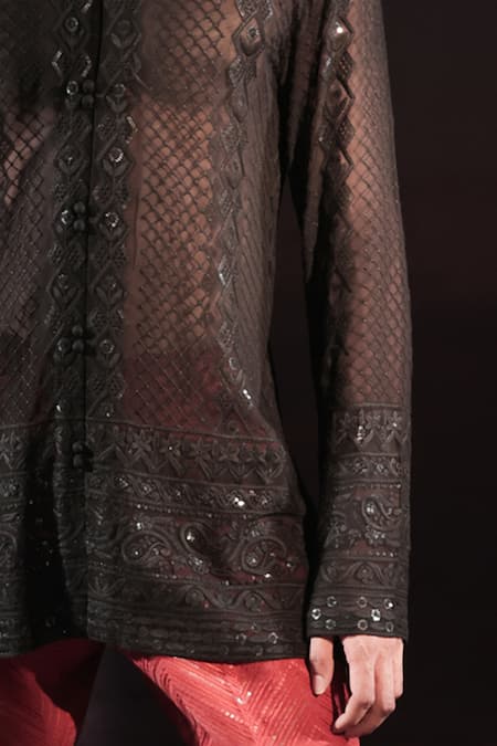 Buy_Jubinav Chadha_Black Georgette Embroidery, Sequins Chikankari Short Kurta _Online_at_Aza_Fashions