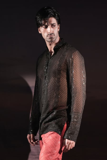 Shop_Jubinav Chadha_Black Georgette Embroidery, Sequins Chikankari Short Kurta _Online_at_Aza_Fashions