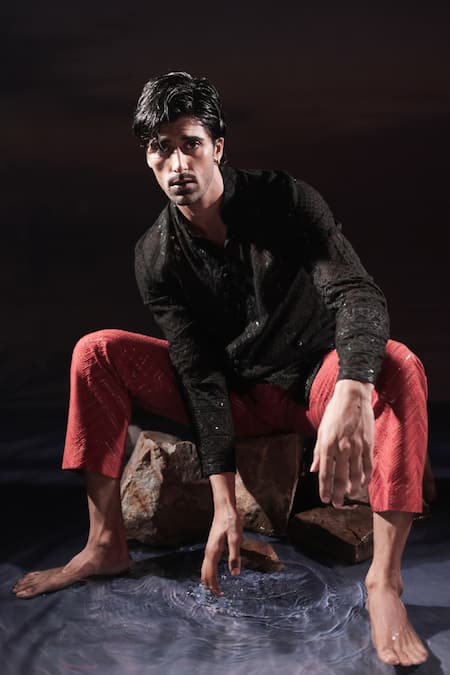 Jubinav Chadha_Black Georgette Embroidery, Sequins Chikankari Short Kurta _at_Aza_Fashions