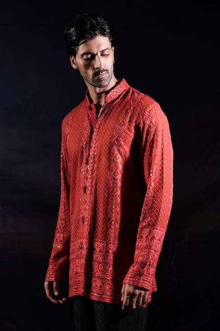 Jubinav Chadha_Orange Georgette Embroidery Chikankari Short Kurta _Online_at_Aza_Fashions
