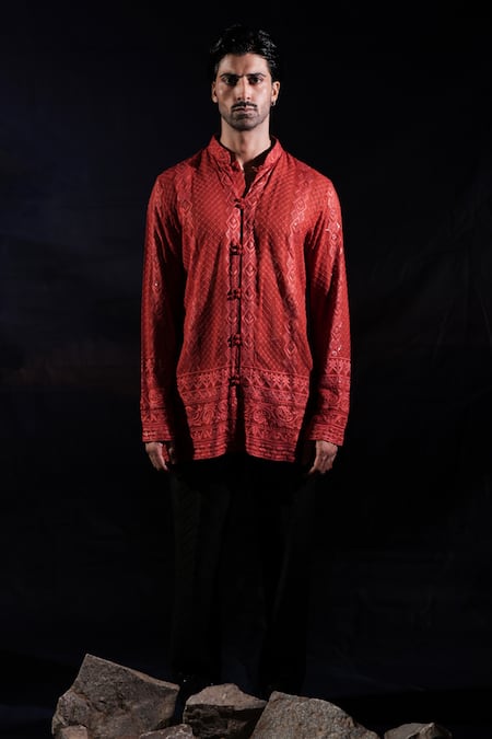 Buy_Jubinav Chadha_Orange Georgette Embroidery Chikankari Short Kurta _Online_at_Aza_Fashions