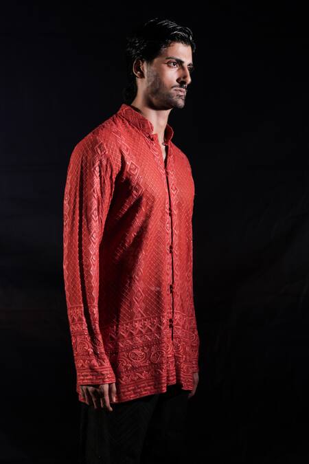 Shop_Jubinav Chadha_Orange Georgette Embroidery Chikankari Short Kurta _Online_at_Aza_Fashions