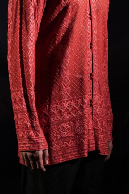Jubinav Chadha_Orange Georgette Embroidery Chikankari Short Kurta _at_Aza_Fashions
