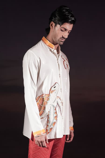 Jubinav Chadha_White Georgette Embroidery, Sequins, Patchwork Turtle Short Kurta _Online_at_Aza_Fashions