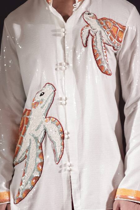 Jubinav Chadha_White Georgette Embroidery, Sequins, Patchwork Turtle Short Kurta _at_Aza_Fashions