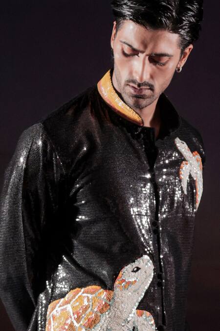 Buy_Jubinav Chadha_Black Georgette Embroidery, Sequins, Turtle Hand-embroidered Short Kurta _Online_at_Aza_Fashions