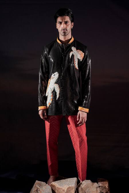 Shop_Jubinav Chadha_Black Georgette Embroidery, Sequins, Turtle Hand-embroidered Short Kurta _Online_at_Aza_Fashions