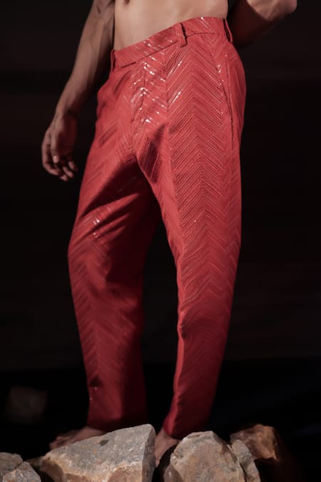 Jubinav Chadha_Orange Cotton Embroidery, Sequins Chikankari Zigzag Pant _Online_at_Aza_Fashions