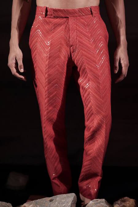 Buy_Jubinav Chadha_Orange Cotton Embroidery, Sequins Chikankari Zigzag Pant _Online_at_Aza_Fashions