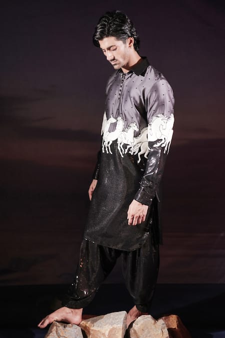 Buy_Jubinav Chadha_Black Georgette, Velvet, Cotton, Silk Running Horses Quilted Pathani Kurta Set _Online_at_Aza_Fashions