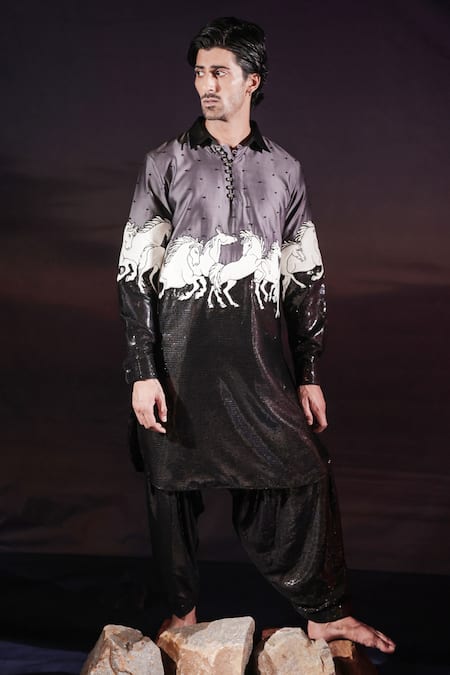Jubinav Chadha Running Horses Quilted Patchwork Pathani Kurta Set 