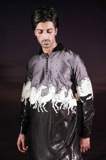 Shop_Jubinav Chadha_Black Georgette, Velvet, Cotton, Silk Running Horses Quilted Pathani Kurta Set _Online_at_Aza_Fashions