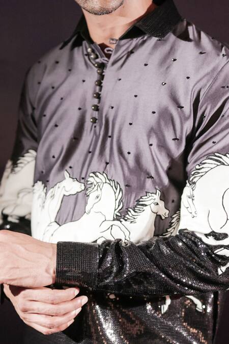 Jubinav Chadha_Black Georgette, Velvet, Cotton, Silk Running Horses Quilted Pathani Kurta Set _at_Aza_Fashions